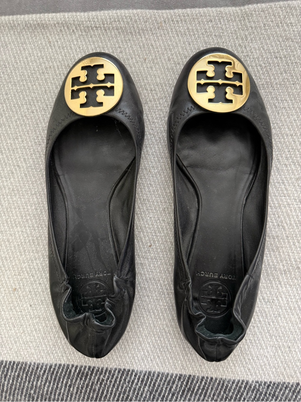 Tory Burch Black Leather Flats with Gold Logo Medallions